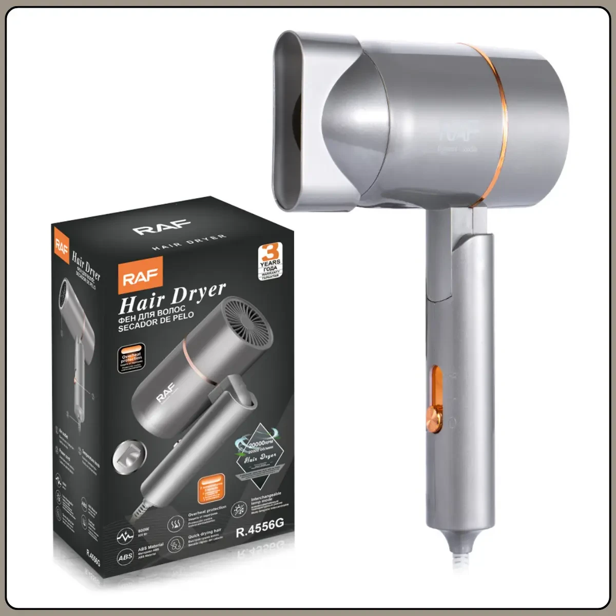 Складаний фен для волосся з двома температурними режимами RAF R.4556G 800W