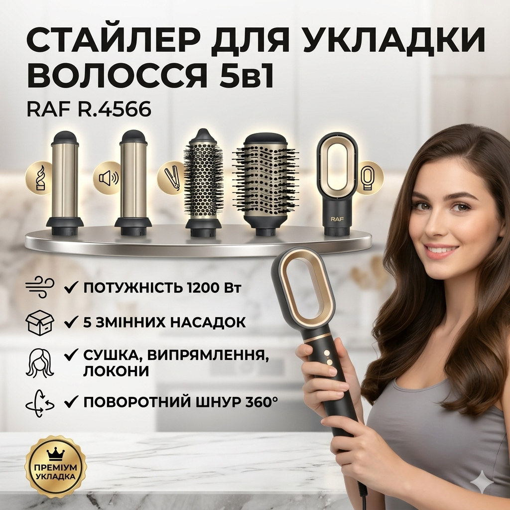 Стайлер для укладання волосся 5в1 з насадками для сушіння, випрямлення та локонів RAF R.4566 1200W