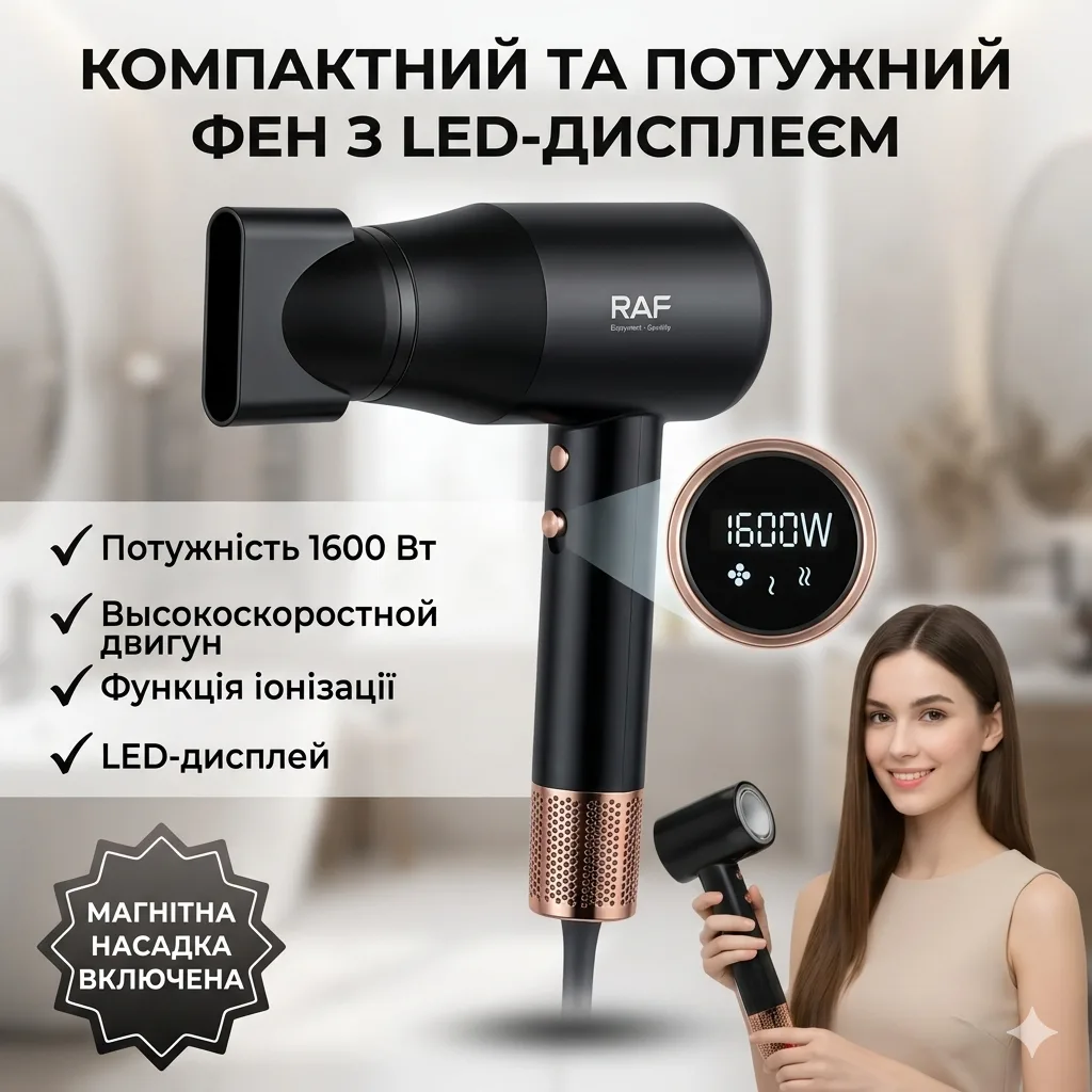 Фен для волосся з трьома температурними режимами та LED-дисплеєм RAF R.407 1600W