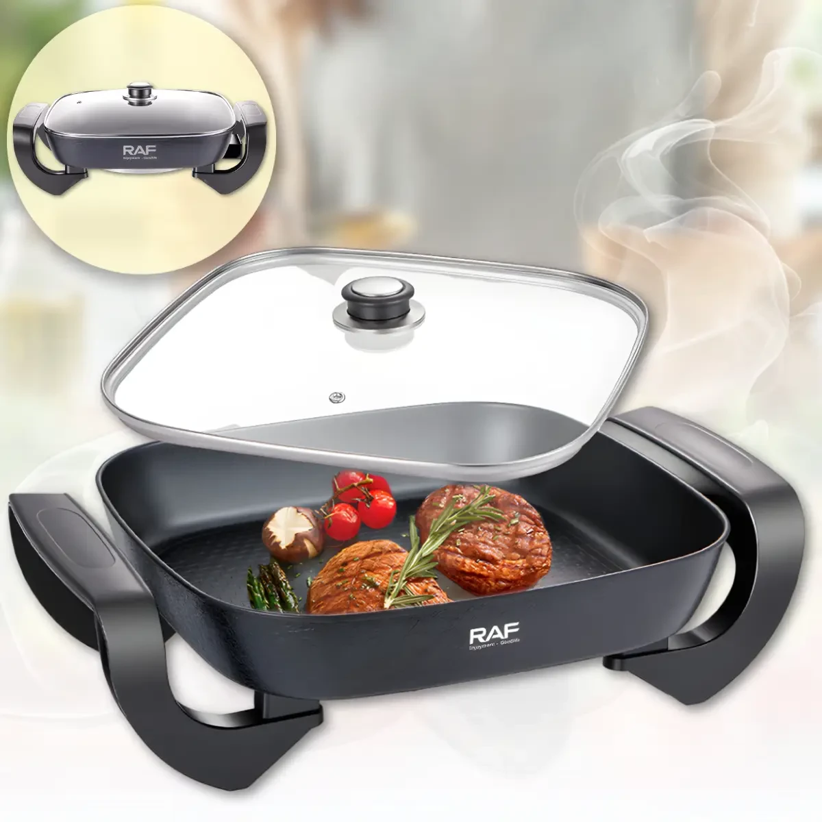Електрична сковорода зі скляною кришкою і антипригарним покриттям RAF R.5478 1000W