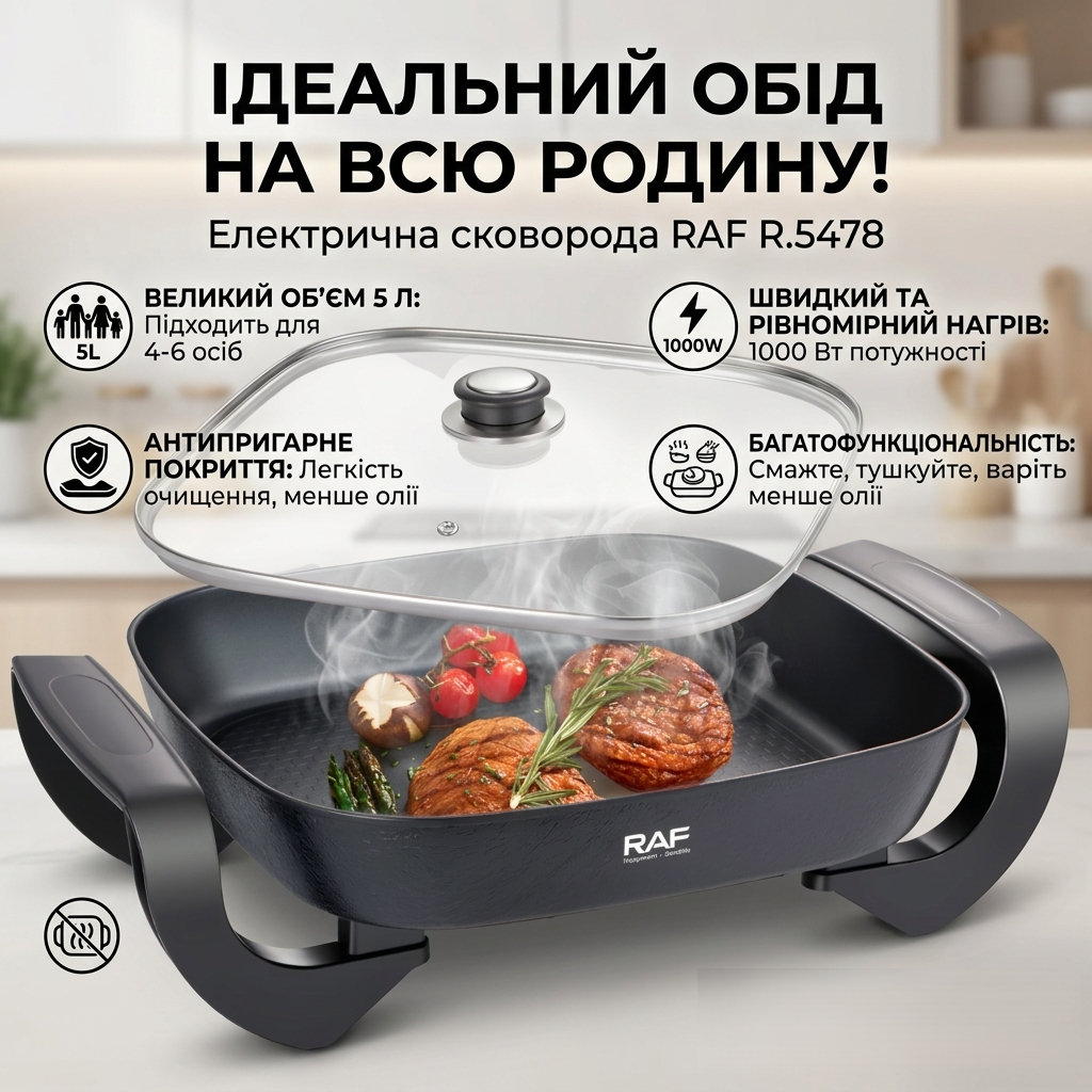 Електрична сковорода зі скляною кришкою і антипригарним покриттям RAF R.5478 1000W
