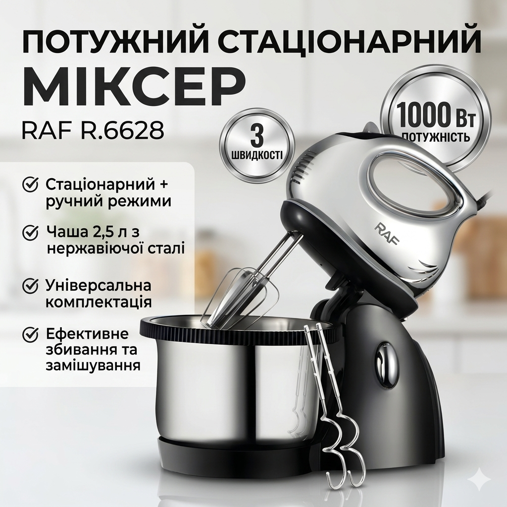 Стаціонарний міксер з чашею з неіржавкої сталі та трьома швидкостями RAF R.6628 1000W