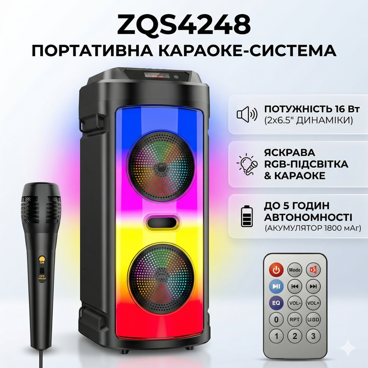 Портативна Bluetooth колонка 2х6.5″ з RGB-підсвіткою, мікрофоном і пультом ДК ZQS4248