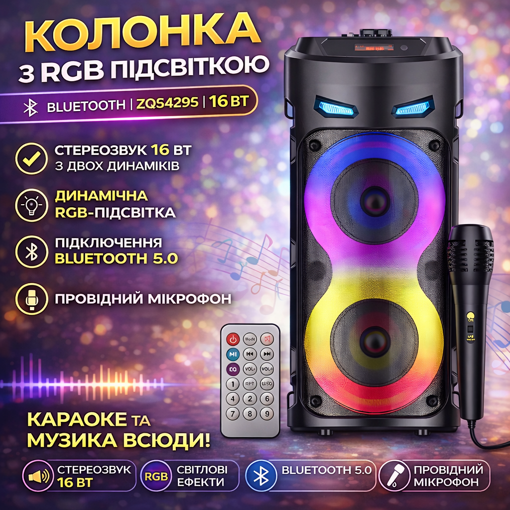 Портативна Bluetooth колонка з RGB-підсвіткою і дротовим мікрофоном ZQS4239S 16W