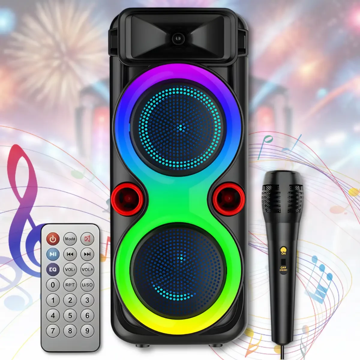 Портативна Bluetooth колонка 2х8″ з дротовим мікрофоном і RGB підсвіткою ZQS8275 40W