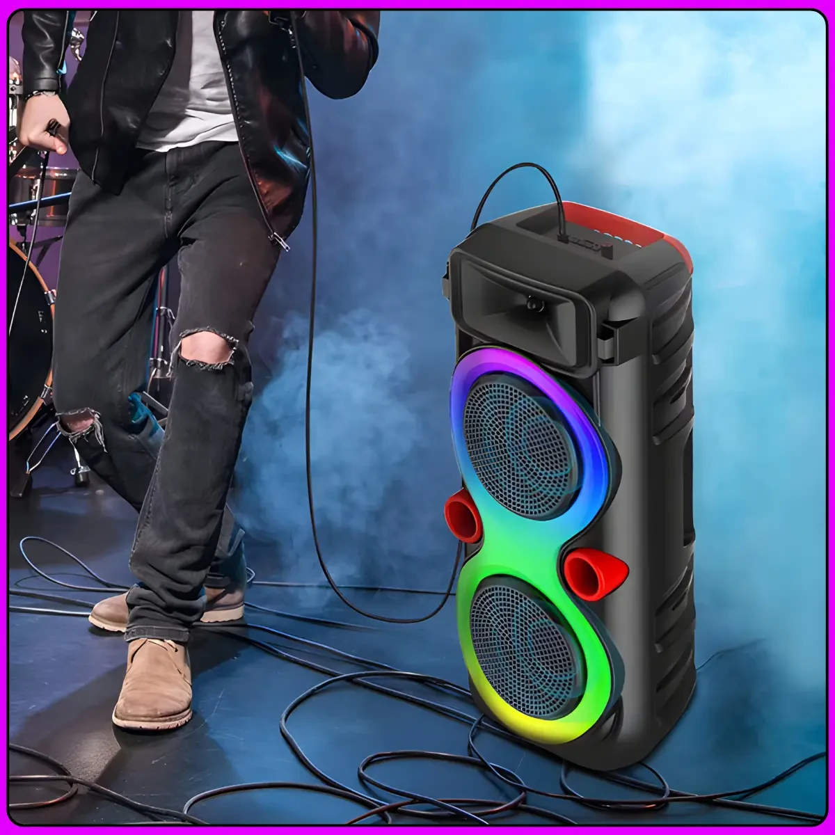 Портативна Bluetooth колонка 2х8″ з дротовим мікрофоном і RGB підсвіткою ZQS8275 40W