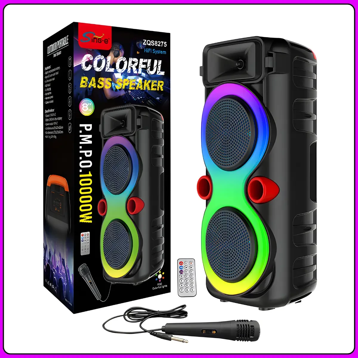 Портативна Bluetooth колонка 2х8″ з дротовим мікрофоном і RGB підсвіткою ZQS8275 40W
