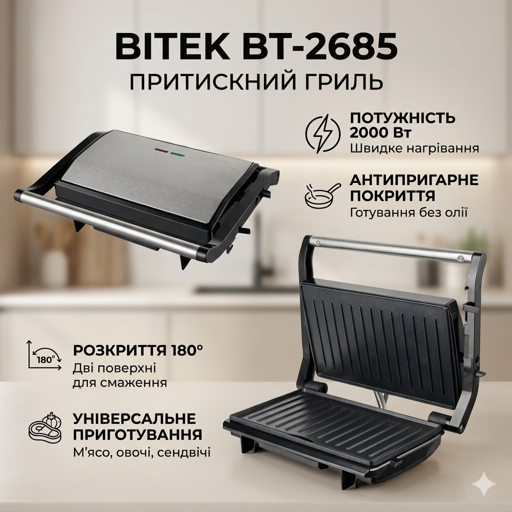Притискний гриль з антипригарним покриттям BITEK BT-2685 2000W Електричний контактний гриль