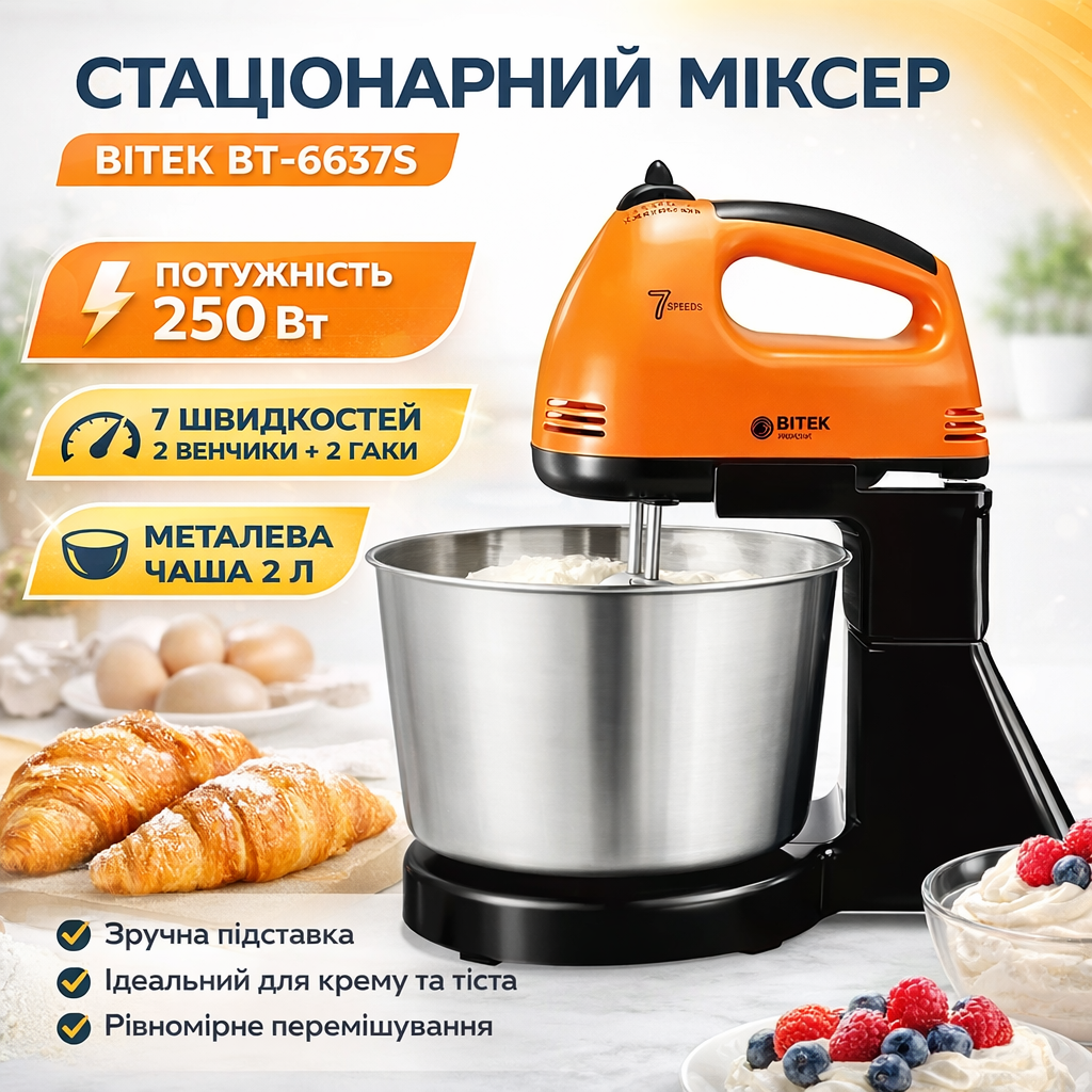 Міксер BITEK BT-6637B 250 Вт металева чаша стаціонарний багатофункційний міксер із металевою чашею