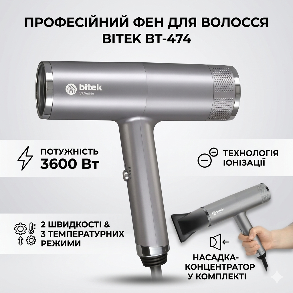 Фен для волосся на 2 швидкості та 3 температурні режими з іонізацією BITEK BT-474 3600 Вт