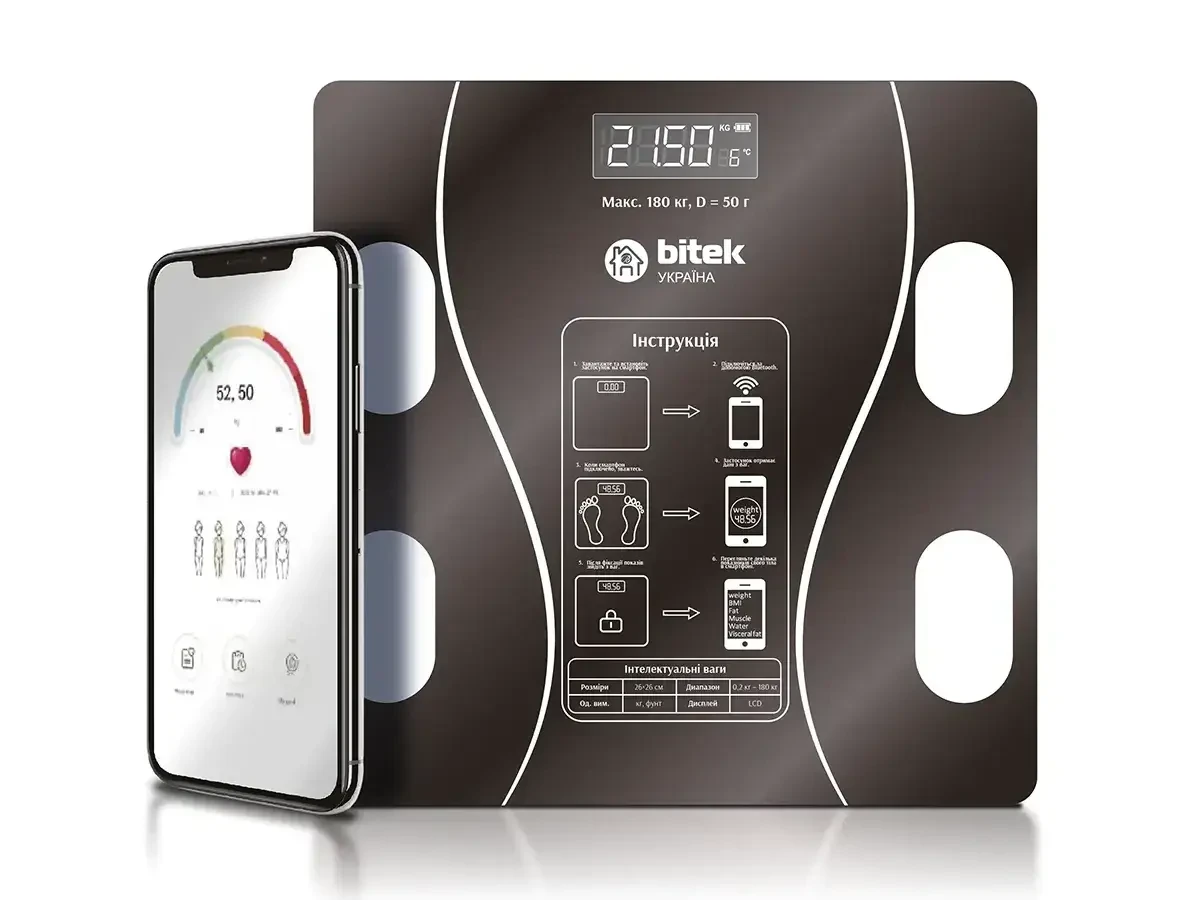 Ваги електронні побутові підлогові 180 кг скляні квадратні LED-екран App BITEK BT-1605