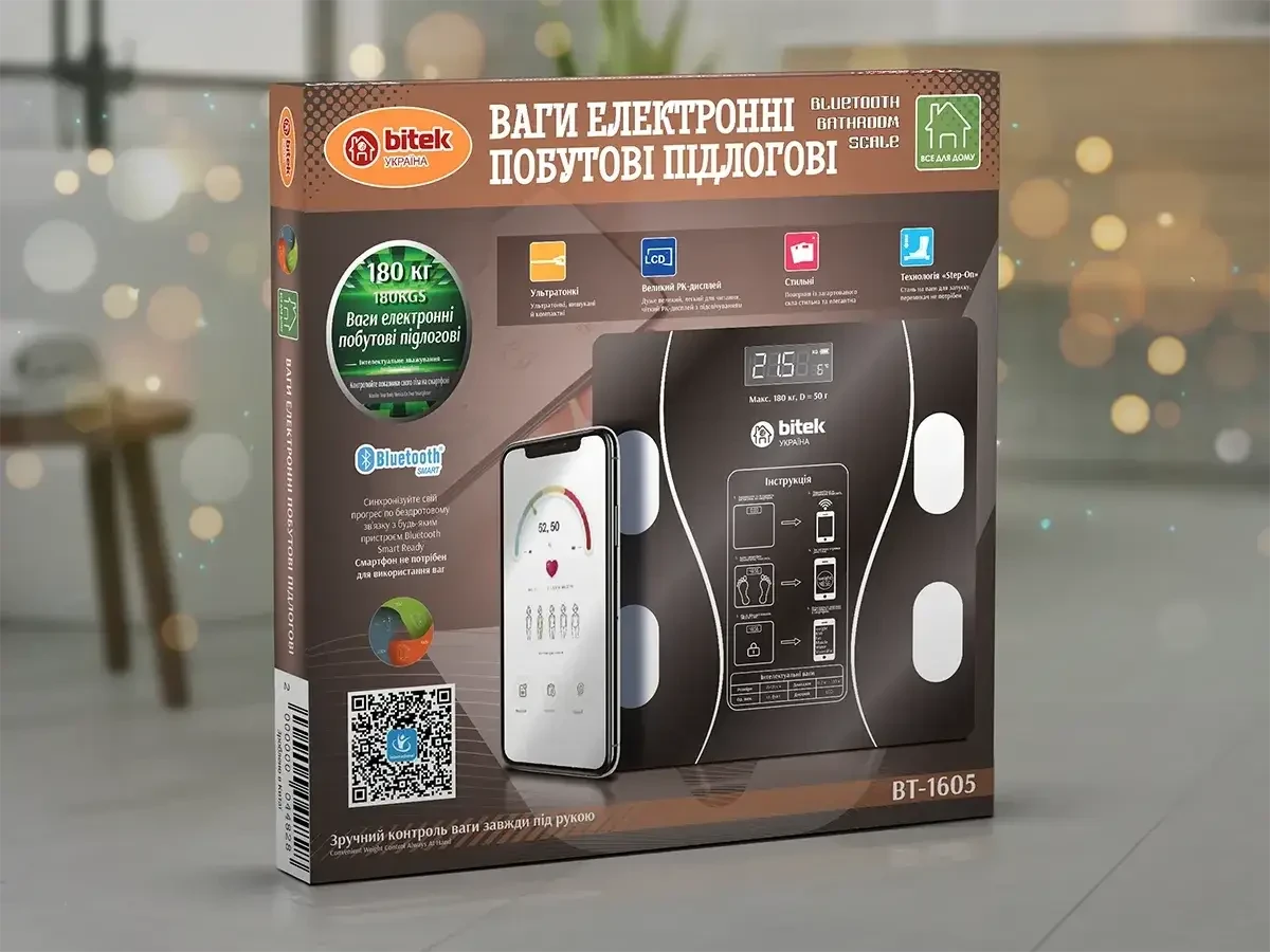 Ваги електронні побутові підлогові 180 кг скляні квадратні LED-екран App BITEK BT-1605