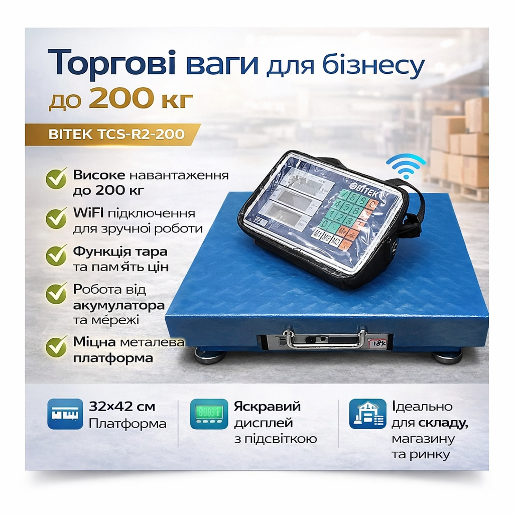 Ваги електронні торговельні WiFi на 200 кг 32х42 см 4 В Blue BITEK TCS-R2-200