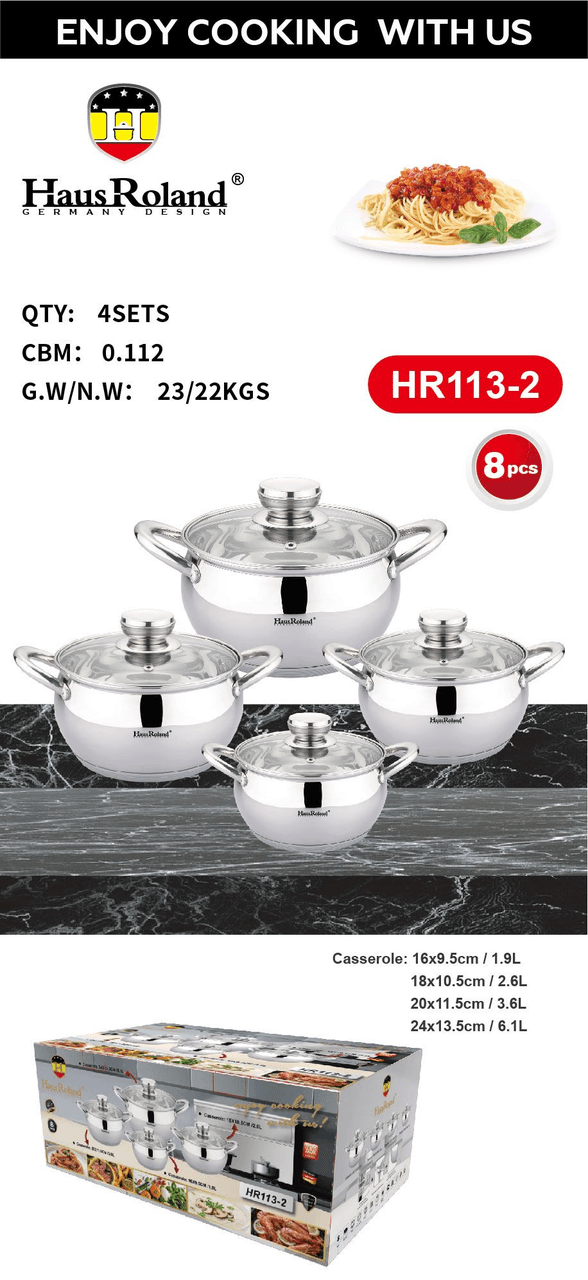 Набір каструль Haus Roland HR113-2, 4 шт. з неіржавкої сталі 1,9/2,6/3,6/6,1 л. Сріблястий (HR113-2)