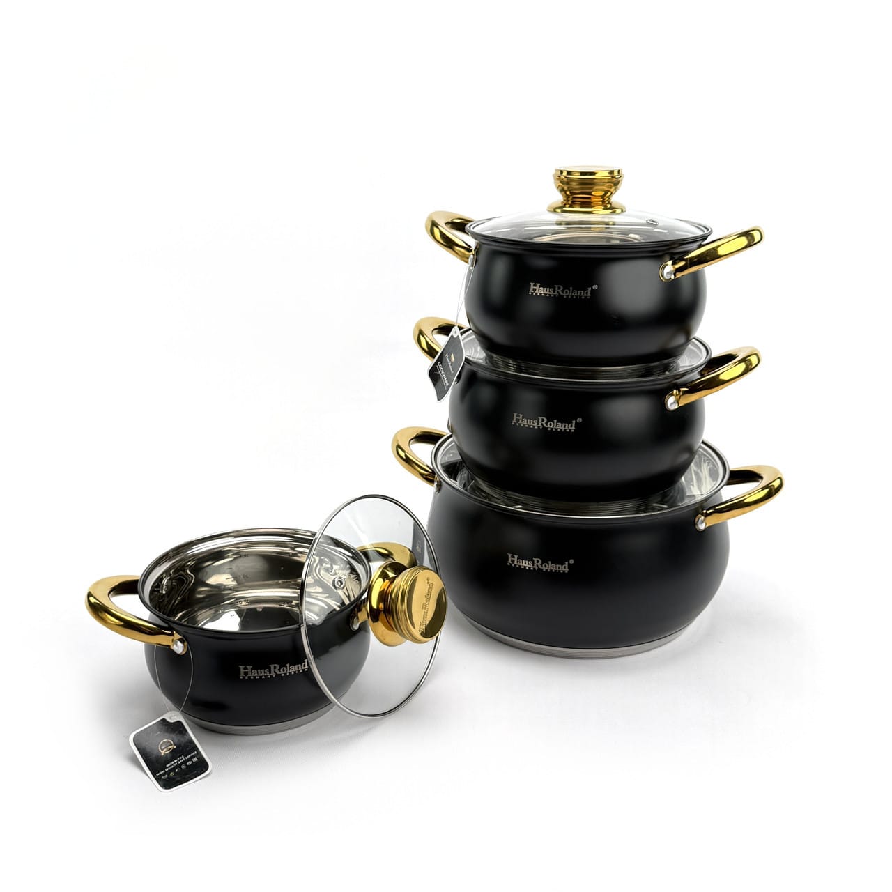 Набір каструль Haus Roland HR113-5, 4 шт. з неіржавкої сталі 1,9/2,6/3,6/6,1 л. Чорний (HR113-5)