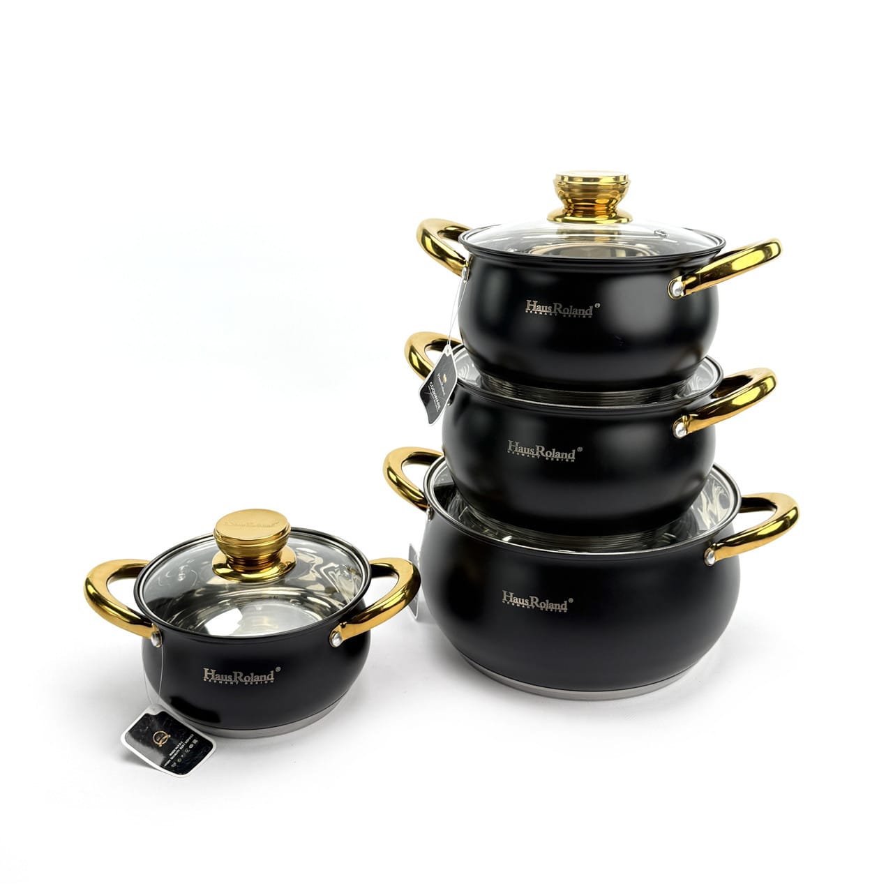 Набір каструль Haus Roland HR113-5, 4 шт. з неіржавкої сталі 1,9/2,6/3,6/6,1 л. Чорний (HR113-5)