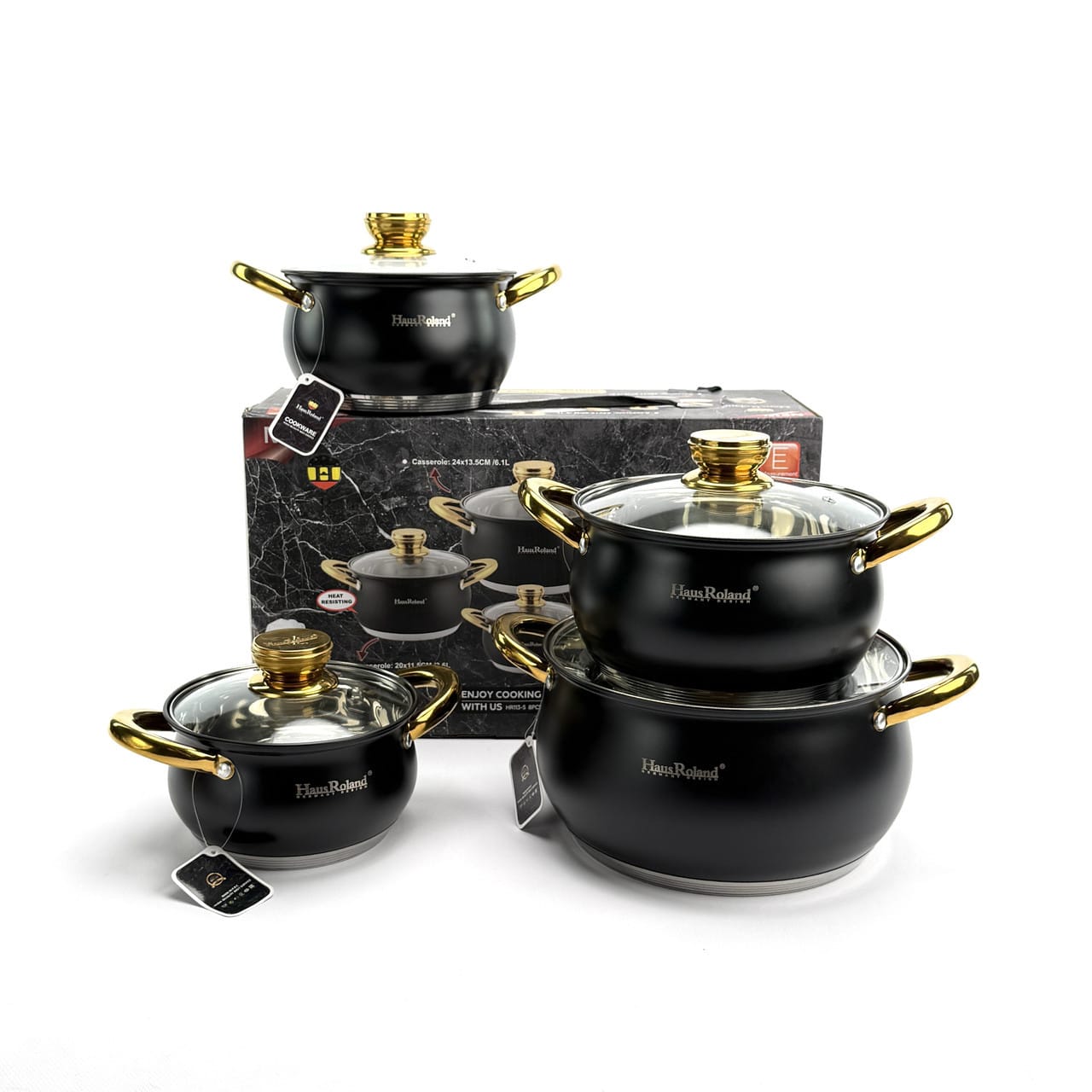 Набір каструль Haus Roland HR113-5, 4 шт. з неіржавкої сталі 1,9/2,6/3,6/6,1 л. Чорний (HR113-5)