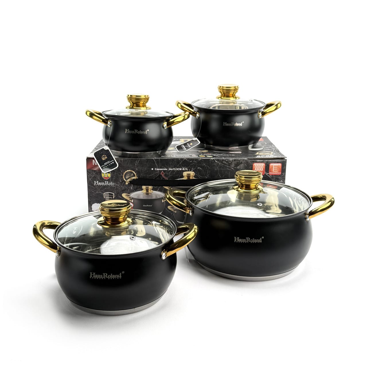 Набір каструль Haus Roland HR113-5, 4 шт. з неіржавкої сталі 1,9/2,6/3,6/6,1 л. Чорний (HR113-5)