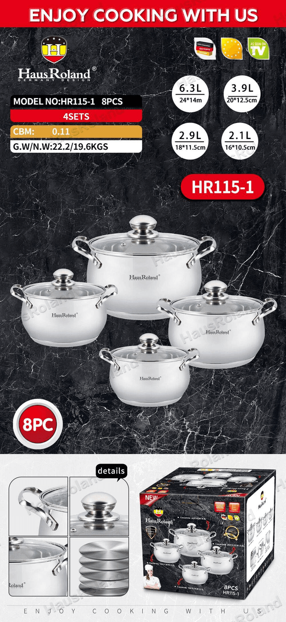 Набір каструль Haus Roland HR115-1, 4 шт. з неіржавкої сталі 2,1/2,9/3,9/6,3 л. Сріблястий (HR115-1)