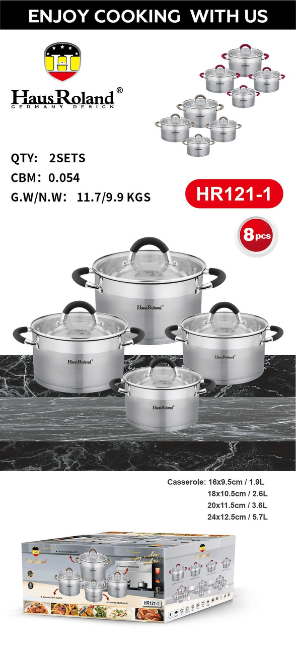 Набір каструль Haus Roland HR121-1 (4 шт) з нержавіючої сталі 1,9/2,6/3,6/5,7 л., Сріблястий
