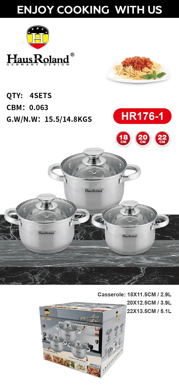 Набір каструль Haus Roland HR176-1, 3 шт. з неіржавкої сталі 2,9/3,9/5,1 л. Сріблястий (HR176-1)
