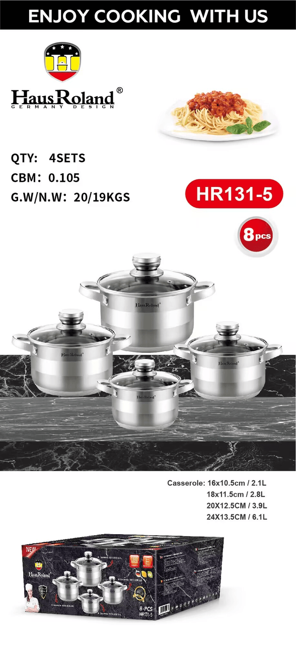 Набір каструль Haus Roland HR131-5, 4 шт. з неіржавкої сталі 2,1/2,8/3,9/6,1 л. Сріблястий (HR131-5)