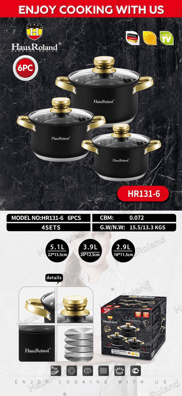 Набір каструль Haus Roland HR131-6, 3 шт. з неіржавкої сталі 2,9/3,9/5,1 л. Чорний (HR131-6)