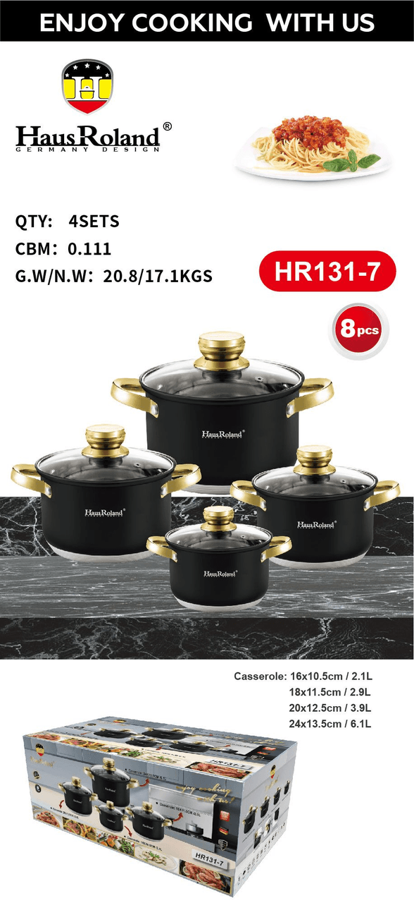 Набір каструль Haus Roland HR131-7, 4 шт. з неіржавкої сталі 2,1/2,9/3,9/6,1 л. Чорний (HR131-7)