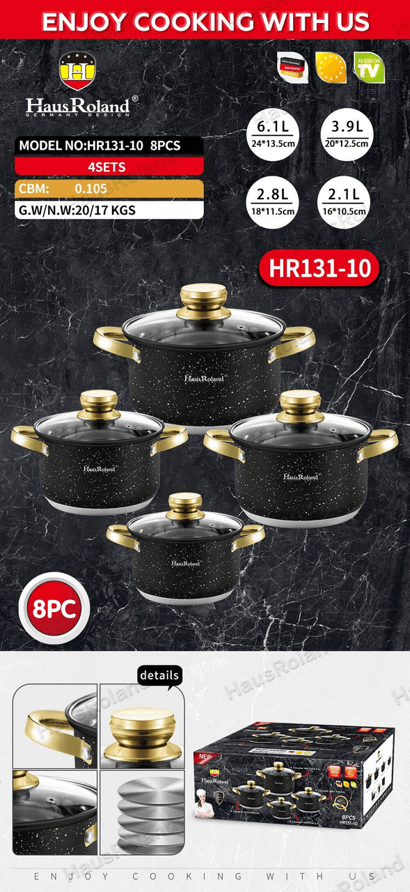 Набір каструль Haus Roland HR131-10, 4 шт. з неіржавкої сталі 2,1/2,8/3,9/6,1 л, з гранітним покриттям. Чорний (HR131-10)