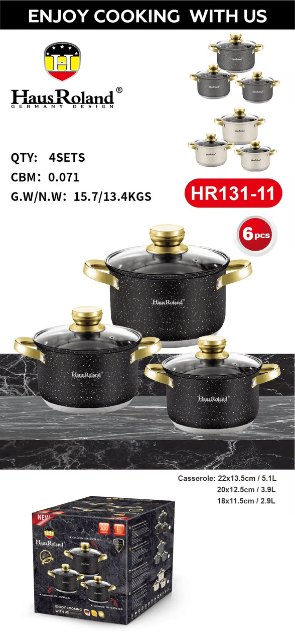 Набір каструль Haus Roland HR131-11 (3 шт) з нержавіючої сталі 2,9/3,9/5,1 л, з гранітним покриттям, Чорний