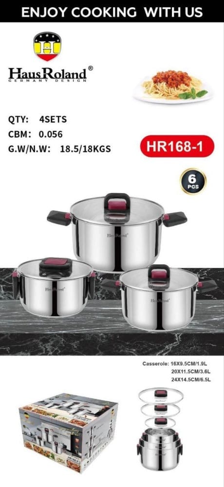 Набір каструль Haus Roland HR168-1, 3 шт. з неіржавкої сталі 1,9/3,6/6,5 л, зі складаними ручками. Сріблястий (HR168-1)