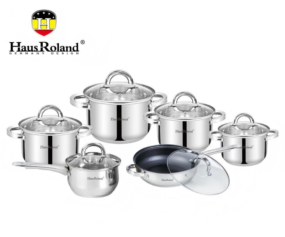 Набір посуду Haus Roland HR101-2, 12 предметів із неіржавкої сталі: каструлі 1,9/2,7/3,6/6,1 л, ківш 1,9 л, сковорода 2,9 л (HR101