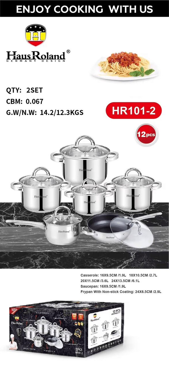 Набір посуду Haus Roland HR101-2, 12 предметів із неіржавкої сталі: каструлі 1,9/2,7/3,6/6,1 л, ківш 1,9 л, сковорода 2,9 л (HR101