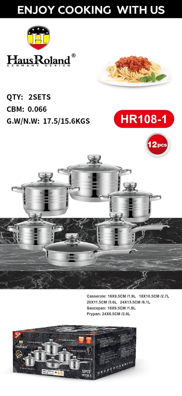 Набір посуду Haus Roland HR108-1, 12 предметів із неіржавкої сталі: каструлі 1,9/2,7/3,6/6,1 л, ківш 1,9 л, сковорода 2,9 л (HR10