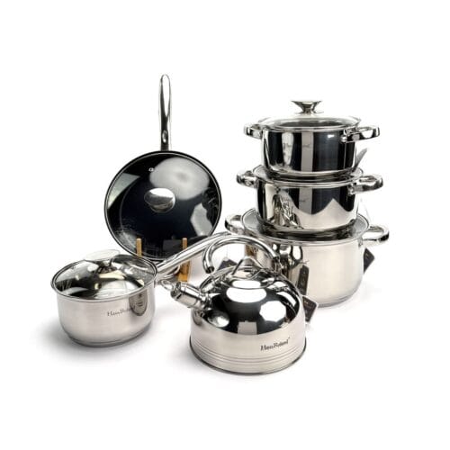 Набір посуду Haus Roland HR150-1, 12 предметів із неіржавкої сталі: каструлі 2,7/3,6/6,1 л, ківш 1,9 л, сковорода 2,9 л, чайник (