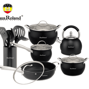 Набір посуду Haus Roland HR126-1, 18 предметів із неіржавкої сталі: каструлі 3,6/6,0 л, ківш 1,9 л, сковорода 2,9 л, чайник 3,0 (