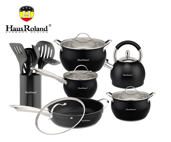 Набір посуду Haus Roland HR126-1, 18 предметів із неіржавкої сталі: каструлі 3,6/6,0 л, ківш 1,9 л, сковорода 2,9 л, чайник 3,0 (