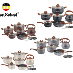 Набір посуду Haus Roland HR120-1 (14 предметів) з нержавіючої сталі: каструлі 2,6/3,6/6,1 л; ківш 1,9 л; сковорідка 2,9 л; чайник