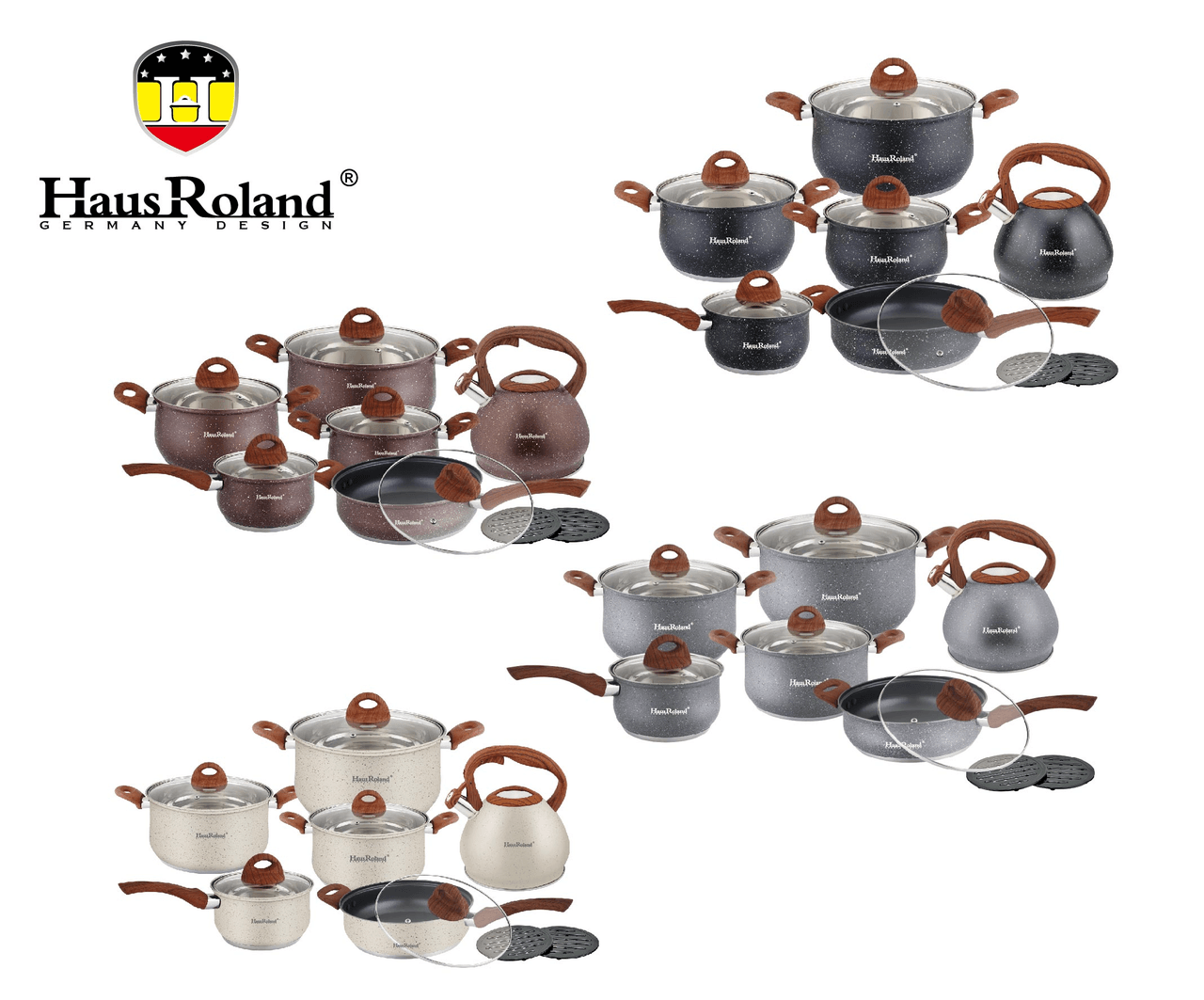 Набір посуду Haus Roland HR120-1 (14 предметів) з нержавіючої сталі: каструлі 2,6/3,6/6,1 л; ківш 1,9 л; сковорідка 2,9 л; чайник