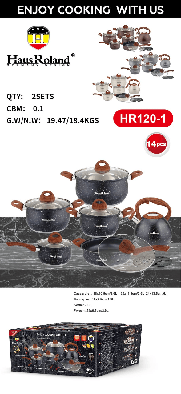 Набір посуду Haus Roland HR120-1 (14 предметів) з нержавіючої сталі: каструлі 2,6/3,6/6,1 л; ківш 1,9 л; сковорідка 2,9 л; чайник