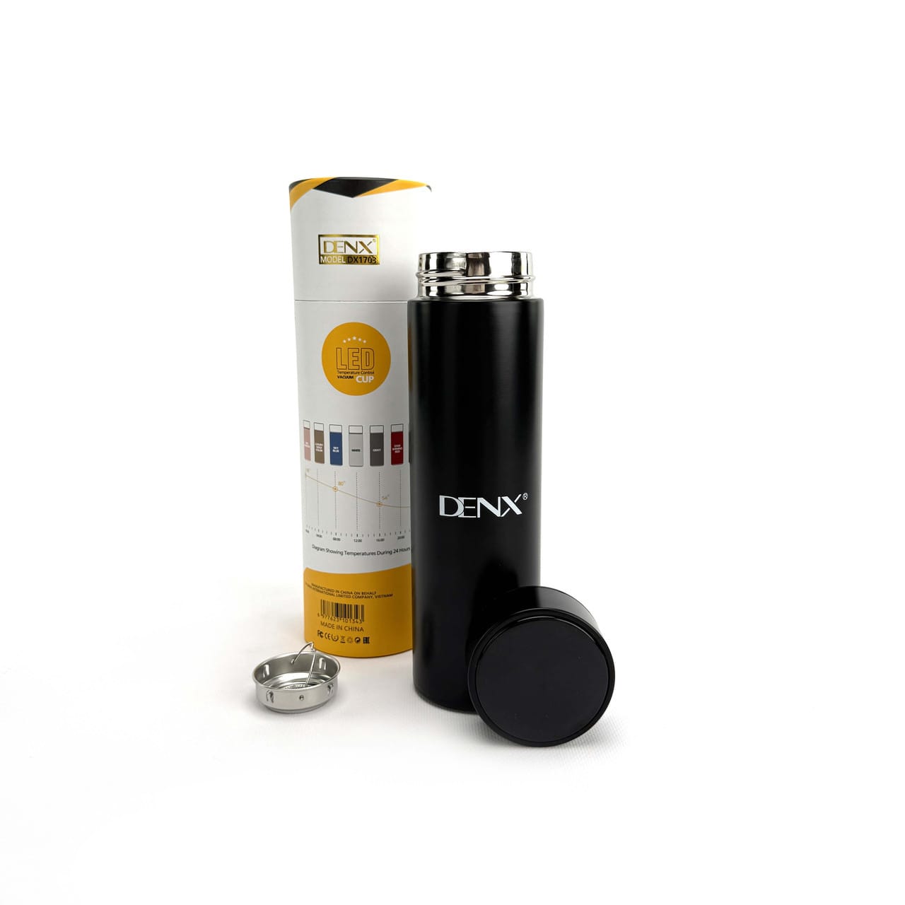 Термос DENX DX1703 500 мл із датчиком температури та ситечком. Чорний (DX1703)