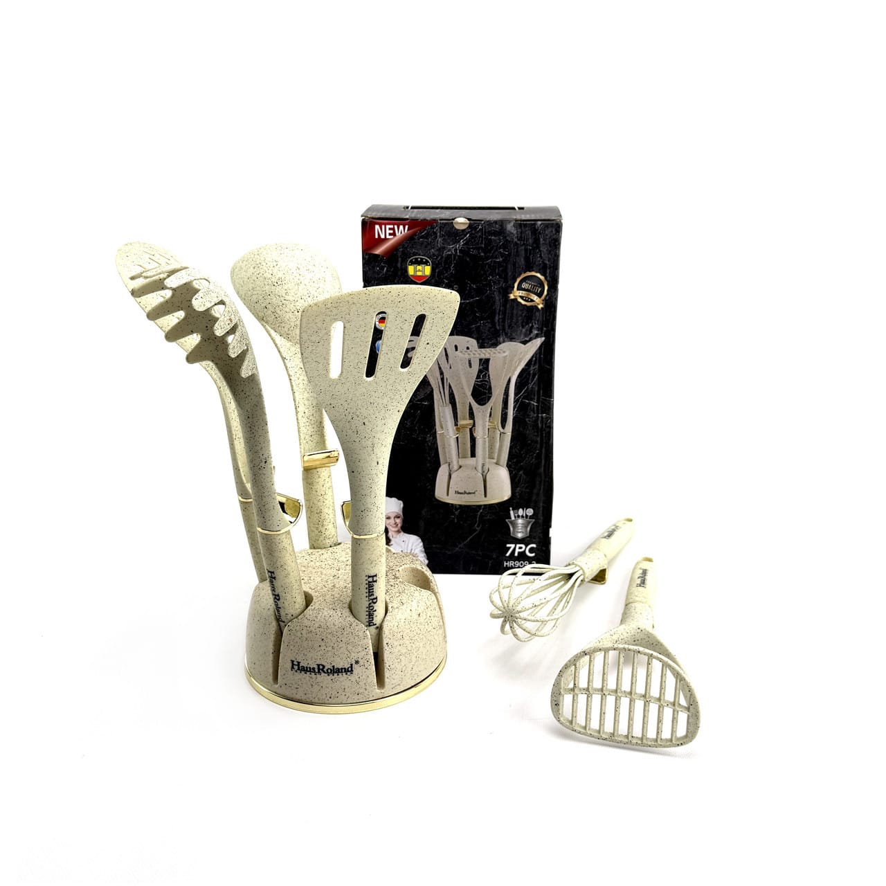 Набір кухонного приладдя Haus Roland HR909-2, 7 предметів на підставці. Золотий (HR909-2)