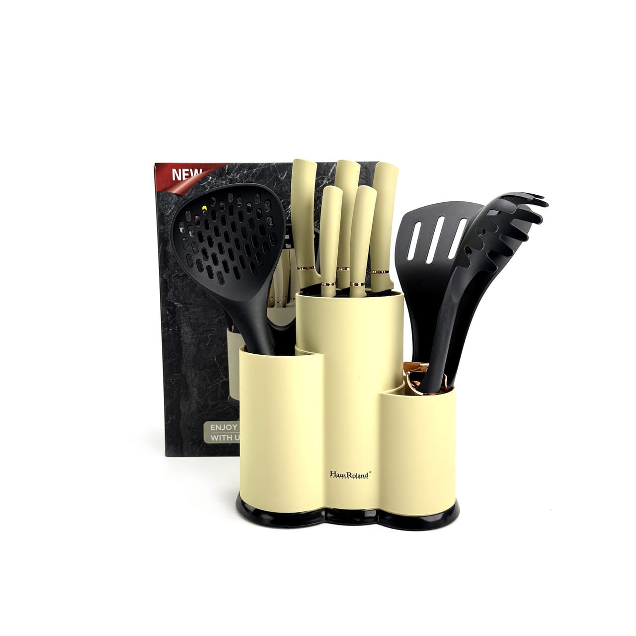 Набір ножів і кухонного приладдя Haus Roland HR620-1, 12 предметів у підставці. Бежево-чорний (HR620-1)