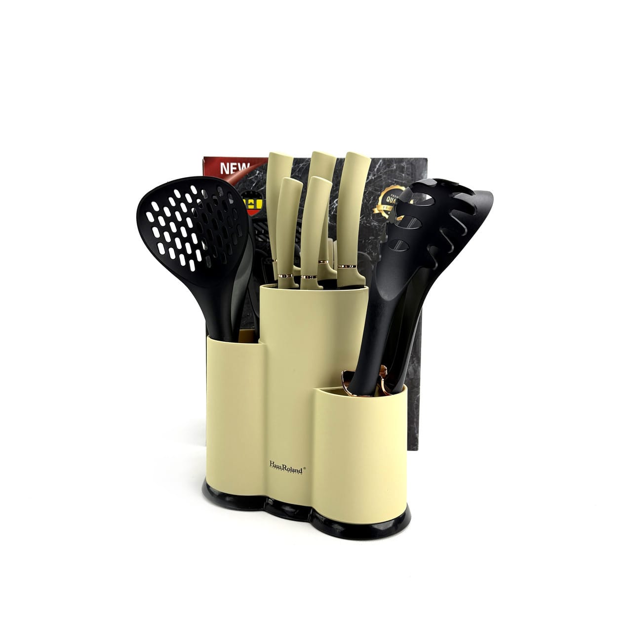 Набір ножів і кухонного приладдя Haus Roland HR620-1, 12 предметів у підставці. Бежево-чорний (HR620-1)