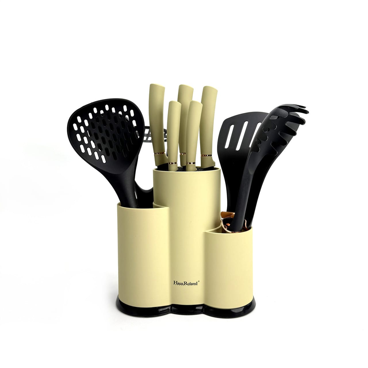 Набір ножів і кухонного приладдя Haus Roland HR620-1, 12 предметів у підставці. Бежево-чорний (HR620-1)