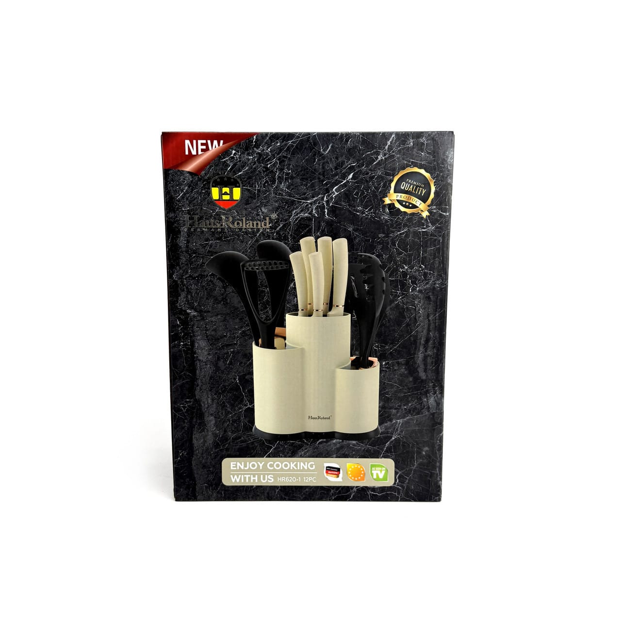 Набір ножів і кухонного приладдя Haus Roland HR620-1, 12 предметів у підставці. Бежево-чорний (HR620-1)