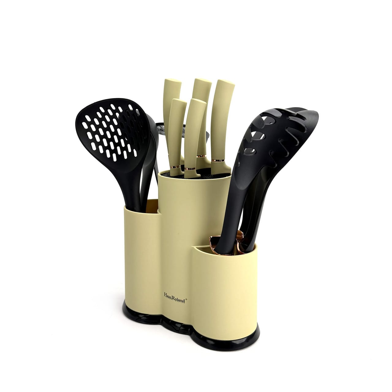 Набір ножів і кухонного приладдя Haus Roland HR620-1, 12 предметів у підставці. Бежево-чорний (HR620-1)