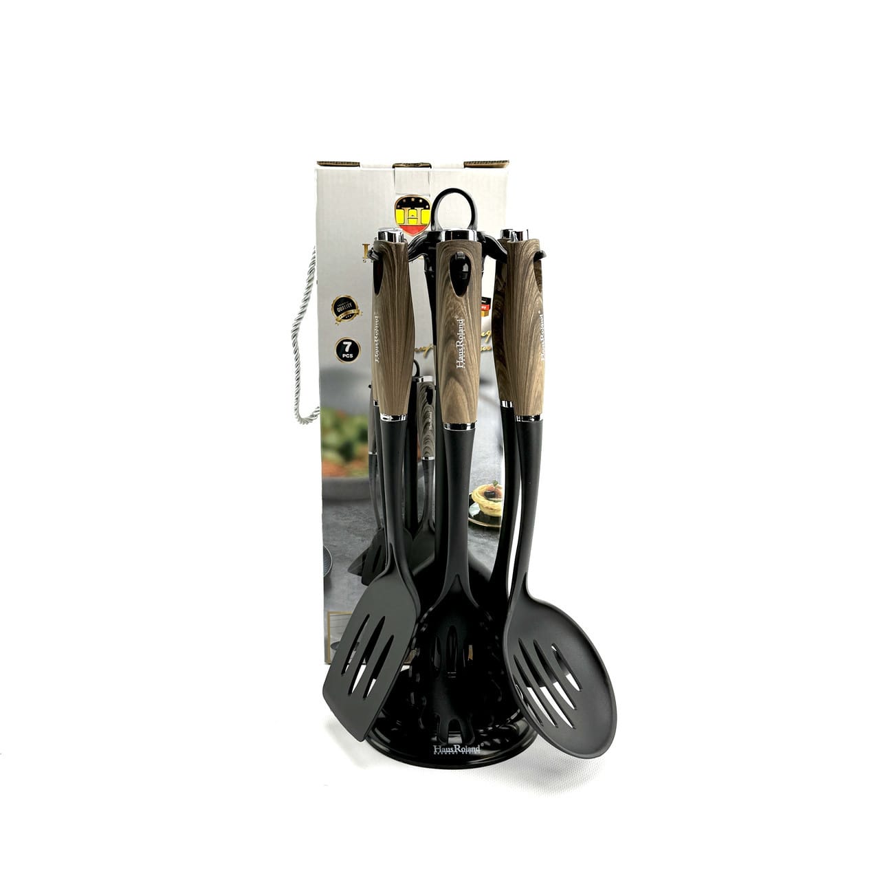 Набір кухонного приладдя Haus Roland HR926-1, 7 предметів із ручками під дерево. Чорний (HR926-1)