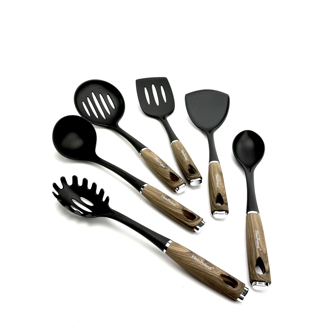 Набір кухонного приладдя Haus Roland HR926-1, 7 предметів із ручками під дерево. Чорний (HR926-1)