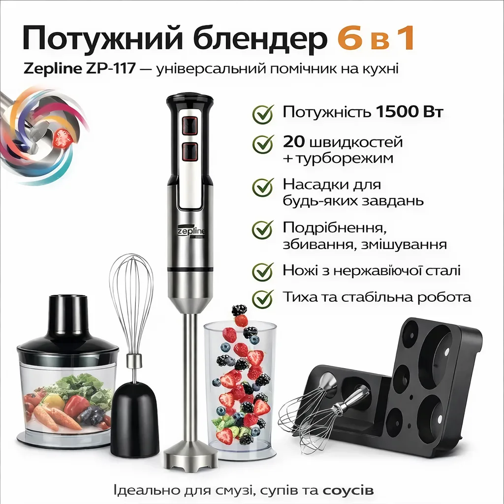 Занурювальний блендер 6 в 1 Zepline ZP-117 1500 Вт кухонний багатофункціональний блендер з насадками, подрібнювач, вінчик, міксер